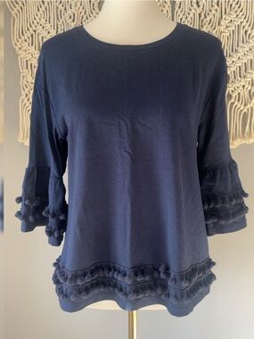 crown & ivy Navy Pom-Pom Trim Cotton Knit Top